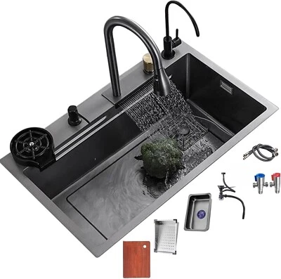 Edelstahl Küchenspüle Wasserfallspüle mit Ausziehbar Wasserhahn SpülbeckenSet - Bild 1 von 4