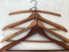 4 Pc. Lot Vintage Wood Hotel Clothes Hangers NYC Washington DC Carlton Beach Old