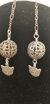  Vintage Elements Storybook Cat Face Filigree Ball Dangle Earrings Leverback 
