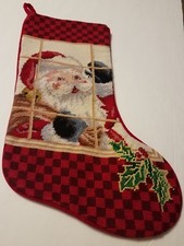 Beautiful SANTA CLAUS in WINDOW NEEDLEPOINT STOCKING 17 INCHES No Name checkered