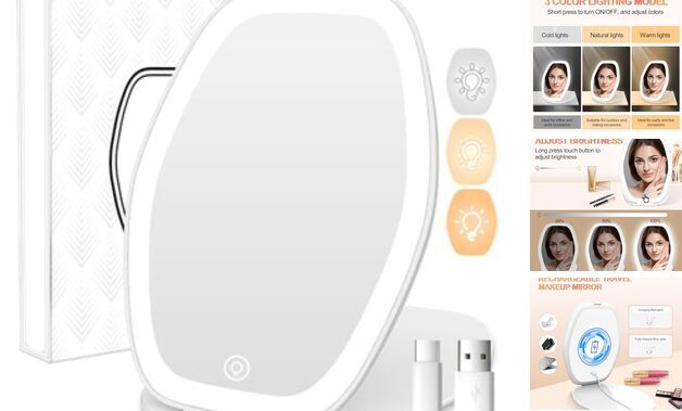 Portable Travel Makeup Mirror with 3-Color LED Light 7x5 Inch in White-image