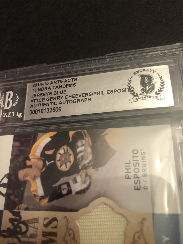 Beckett Slabbed Gerry Cheevers Phil Esposito Dual Auto Jerseys Tundra Tandems - Image 2 of 4