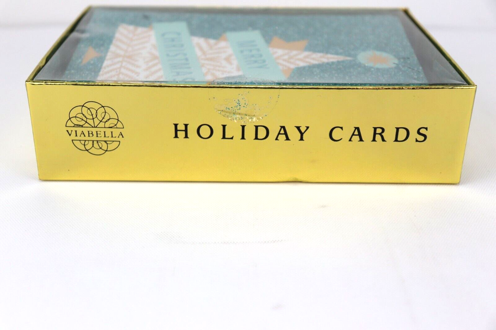 Merry Christmas Viabella 18 Cards Tree Holiday Turquoise Blue Glitter