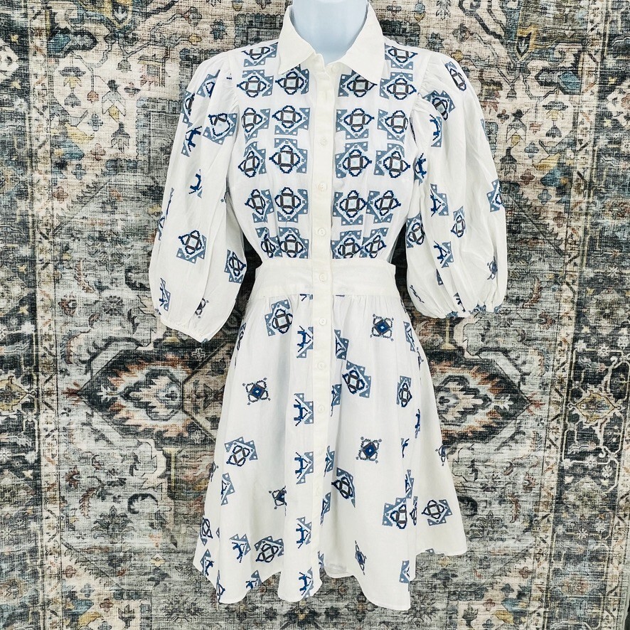 River Island Embroidered Mini Shirt Dress Size 8 Open Back Collard Button Up