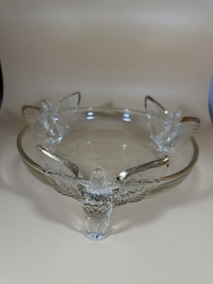 Vintage Jeanette Glass Dish Bowl 7'' footed Three Eagles Wings Spread Gold Trim