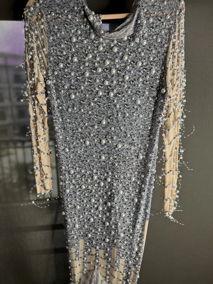 Silver Glitter Maternity Gown Mermaid Feather Long Sleeve Photo Shoot Dress (L) - Image 4 of 4