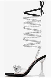 Women Rhinestone Wrap Around Ankle High Heel Sandals Clear Transparent Stiletto