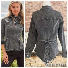 Venus Jacket Top Denim Lace up Back Grey Fray Hem Distressed Asymmetrical 10/12