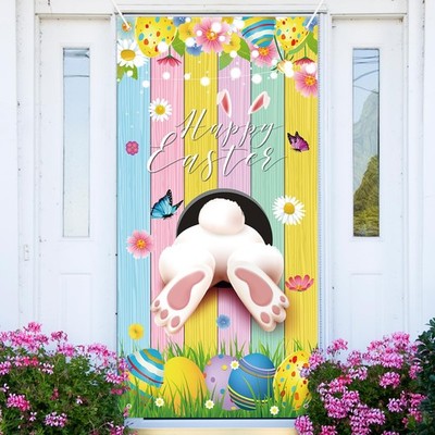 Happy Easter Decorations Bunny Colorful Eggs Flowers Door Cover Banner 73x36''