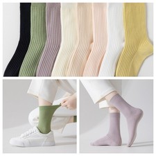 8 Pairs Women Solid Cotton Striped Mid Calf Socks Sports Stretch Elastic Socks