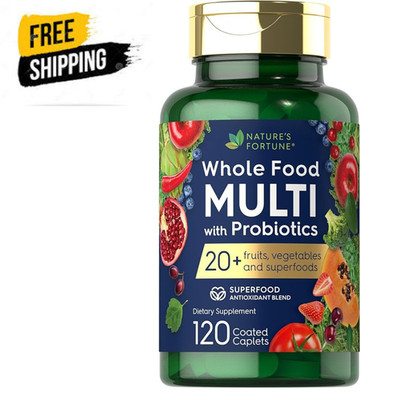 Whole Food Multivitamin with Probiotics| 120 Coated Caplets|Made with 20 Fruits