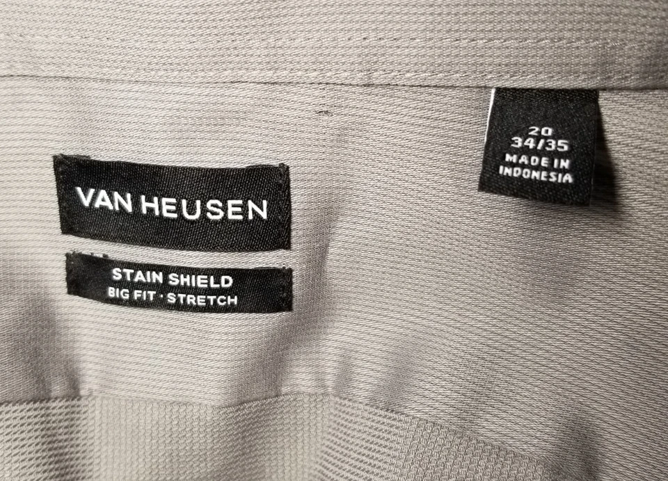 Camisa de Vestir Van Heusen Escudo Manchas Calce Grande Elastizada 20 34/35 Gris Acero Nueva con Etiquetas Foto 4 de 4