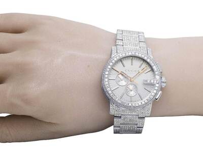 New Full Mens 44MM Gucci 101 G-Chrono Silver Dial Diamond Watch