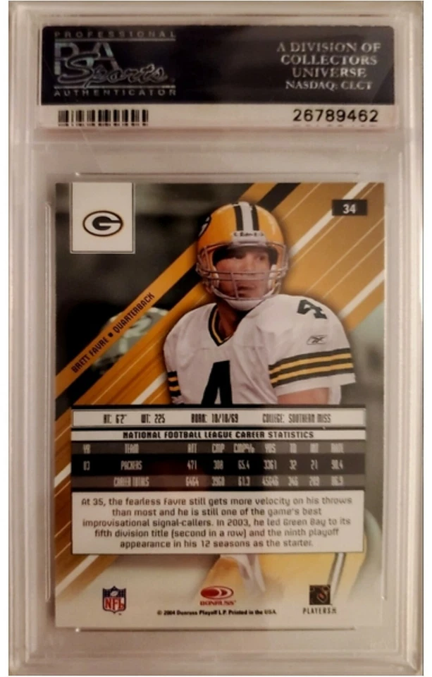 2004 Leaf Rookies Stars Brett Favre LONGEVITY card #34 graded PSA 10 POP 5 - Image 2 of 2