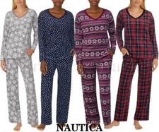 NEW WOMENS NAUTICA 2 PIECE SILKY STRETCH FLEECE LOUNGE PAJAMA SET! VNECK VARIETY