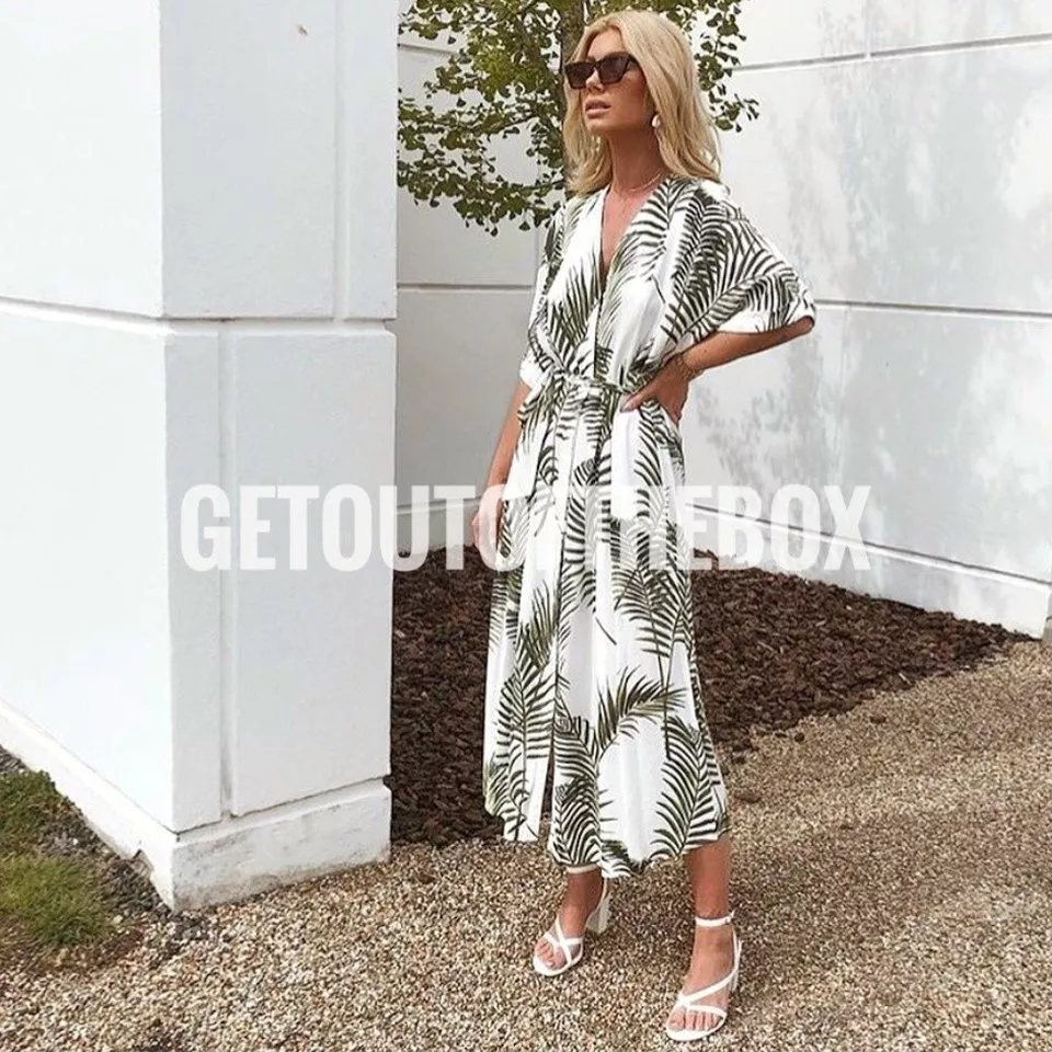 Hu0026M White Green Palm Leaf Print Belted Midi Kaftan Dress size UK 10 12 14  BEACH | eBay