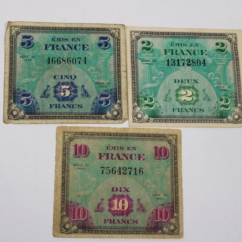 Group of 7 WWII Military Currency Notes - American, German, and French - Image 4 of 4