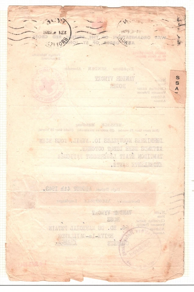 GB WW2 RED CROSS MESSAGE FORM 1942 France FORWARDED *Refugee Aid* Lyon Ap1942.12 - Image 2 of 4