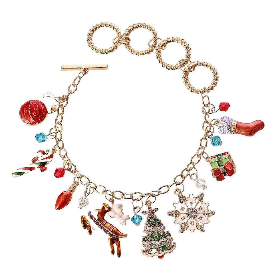 Christmas Bracelet Dangle Crystal Enamel Rhinestone Toggle Clasp with Gold Bag - Image 2 of 4