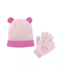 Accessories Innovations: Girls 4-16 Heart Ears Knit Hat & Glove Set: 2 Tone Pink