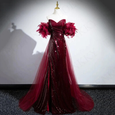 Burgundy Mermaid Sequins Evening Dress Long Feathers Off Shoulder Party Dresses
