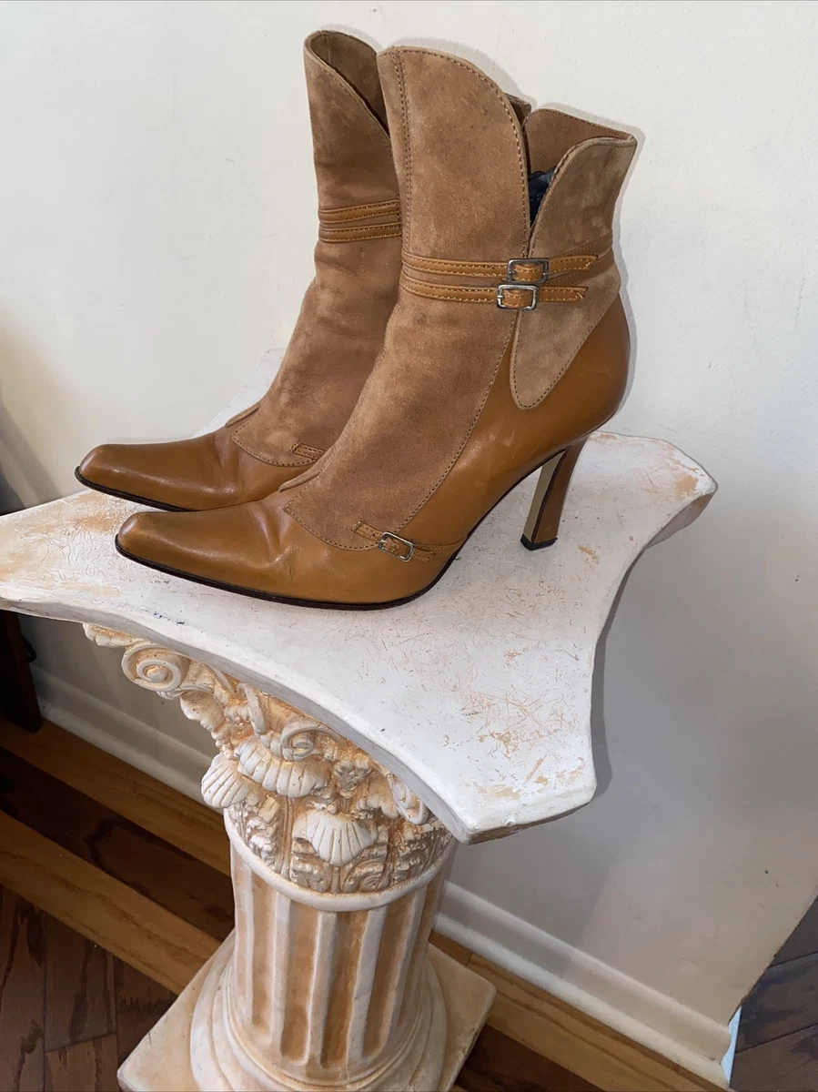 CHARLES DAVID British Tan Suede Leather Stiletto Ankle Boots Zip