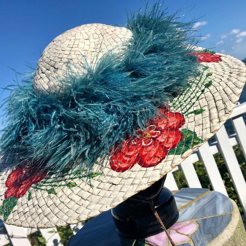 Antique Hand-Painted Hat with Ostrich 