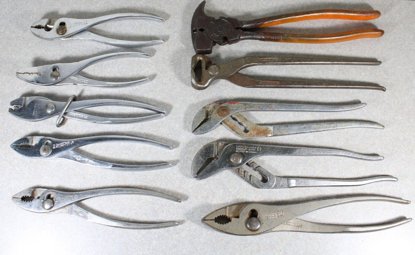 Lot of (10) Diamond Calk Horseshoe Company Pliers, Nippers, Slip Joint, Fencing