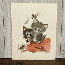 Vintage NOS - George Buckett Gray Kittens Cats Mouse - 9.75”x7.75” Litho Print