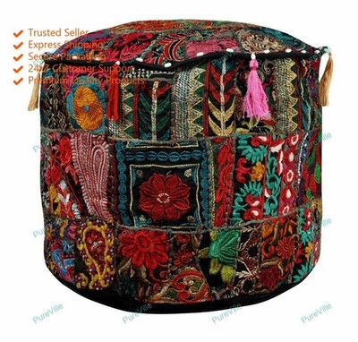 Indian Floral Cotton Foot Stool Seating Handcrafted Ottoman Pouf