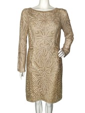 SUE WONG Nocturne Dress, 12, Golden Beaded/Embellished, Long sleeves,Knee length