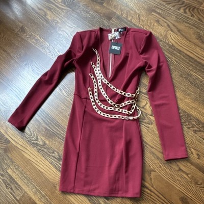 Capsule Burgundy Bodycon Dress M Long Sleeve V-Neck Gold Chain Accent Woven