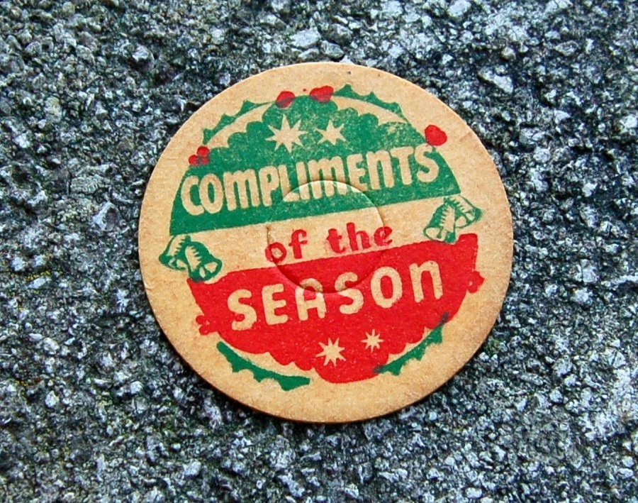 milk bottle : lovely old cardboard cap " Compliments Season Christmas " dairy - Image 1 of 1