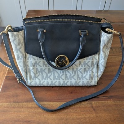 Michael Kors Hudson PVC Signature Leather Satchel Navy/White Monogram *READ