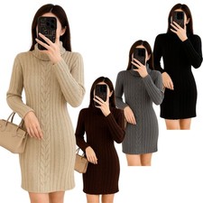 Women's Polo Neck Cable Knit Bodycon Tunic Mini Dress Pullover Winter Jumper
