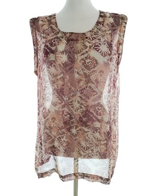 OFF SHOOT Damen Bluse Gr. L Lila Seide 100% Ärmellos Rauten Atmungsaktiv Runder