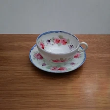 White translucent Porcelain Demitasse Cup & Saucer colorful Flowers Hand Painted