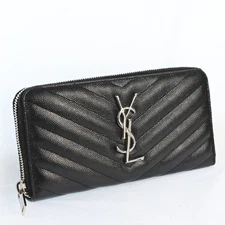 AUTH Yves Saint Laurent YSL Logo V stitch Zip Around Long Wallet C1689AO711