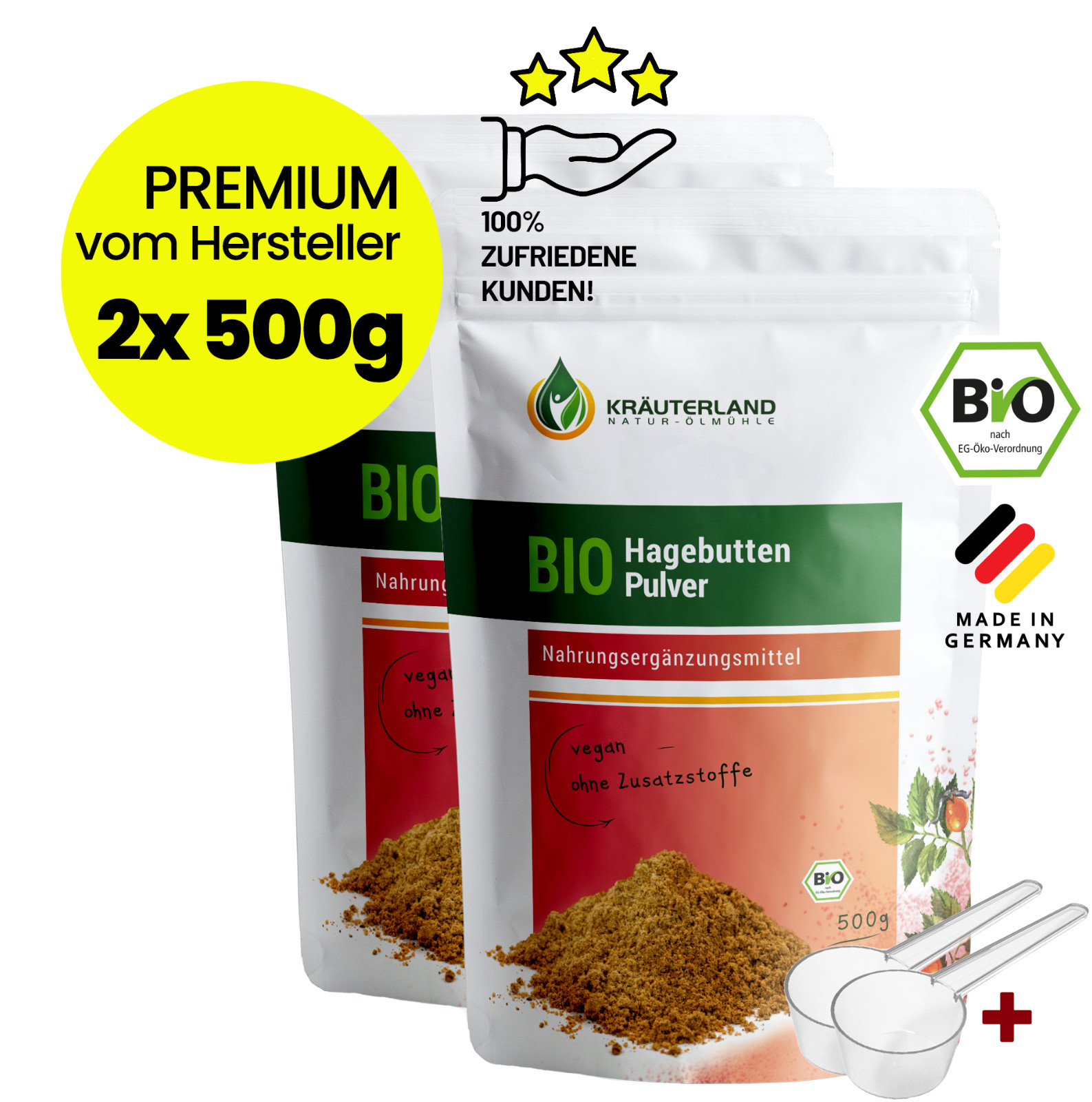 KRÄUTERLAND Bio Hagebuttenpulver 1kg gemahlen Rohkost 100% reine Hagebutten