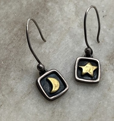 Vintage FF Far Fetched Earrings Moon Star Dangle Sterling Silver Mixed Metal