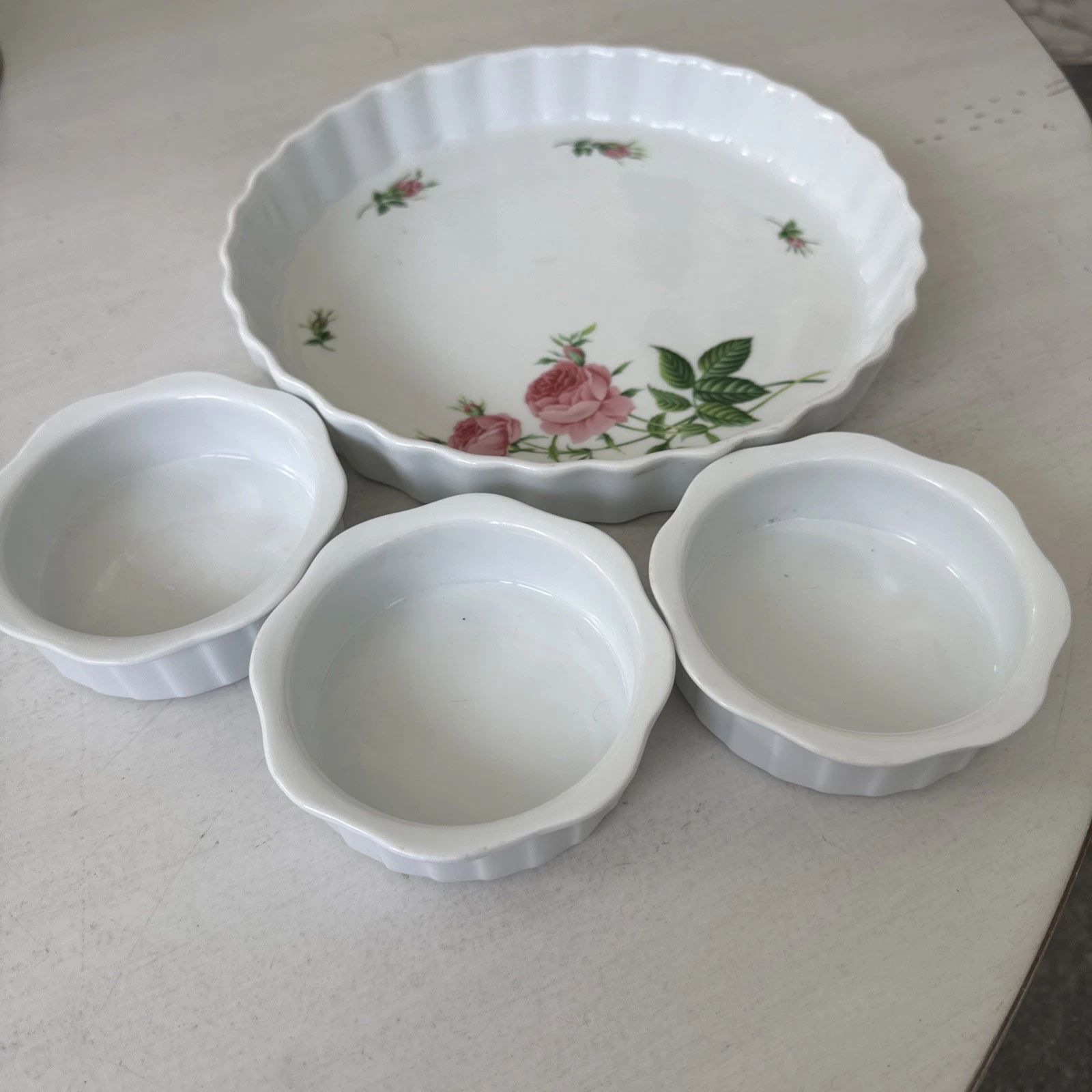 Vintage Christineholm Porcelain Pie/ Quiche Baking Dish Rose Design 10 Inches