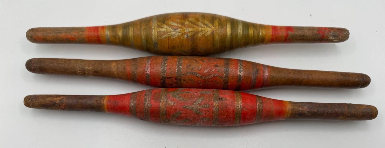 3 Vtg Wooden Hand Carved Painted Indian Chapati Rolling Pins 12"