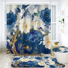 Blue Shower Curtain Set 4Pcs Flower Bathroom Sets with Rugs Waterproof Shower...