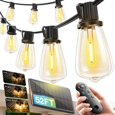 addlon 52(48+4) FT Solar String Lights 48+6FT(15 Sockets)(1 Pack), Black