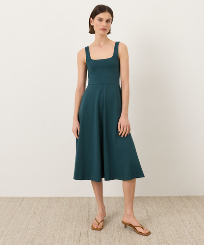 PACT Organic Fit & Flare Square Neck Dress, Deep Aqua NEW