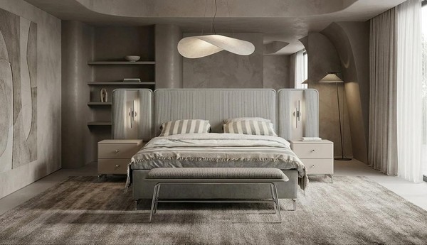 Bett 2X Nachttische Bank Schlafzimmer Stil Modern Grau Komfortabel Bequem-image