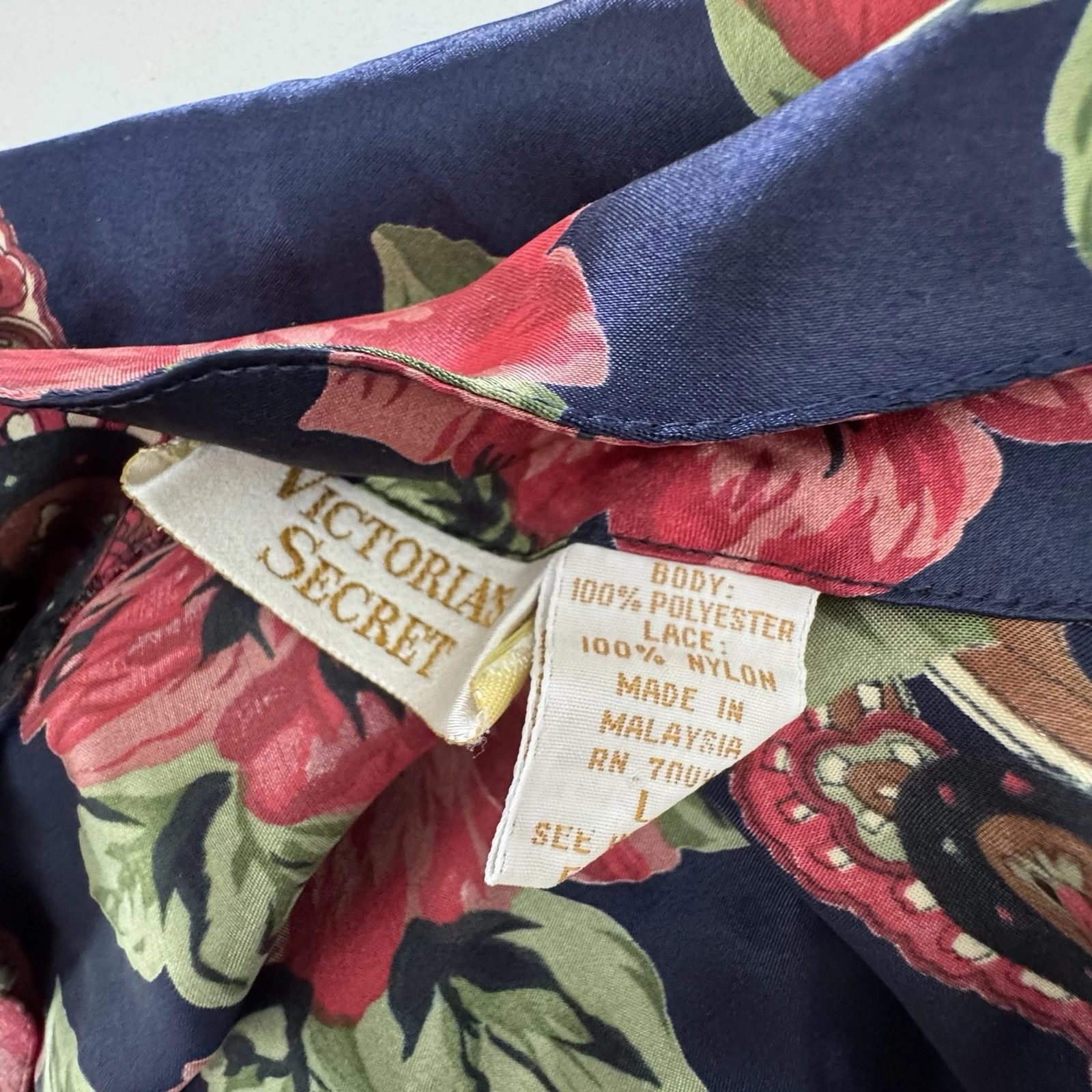 UNDERCOVER Camicia da notte vintage Victorias Secret donna grande etichetta oro blu navy rosa floreale EF