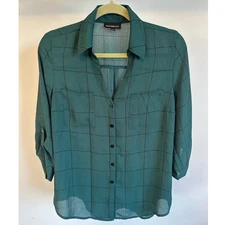 Fortune + Ivy Womens Green Plaid 3/4 Sleeve Button Down Shirt Size Large