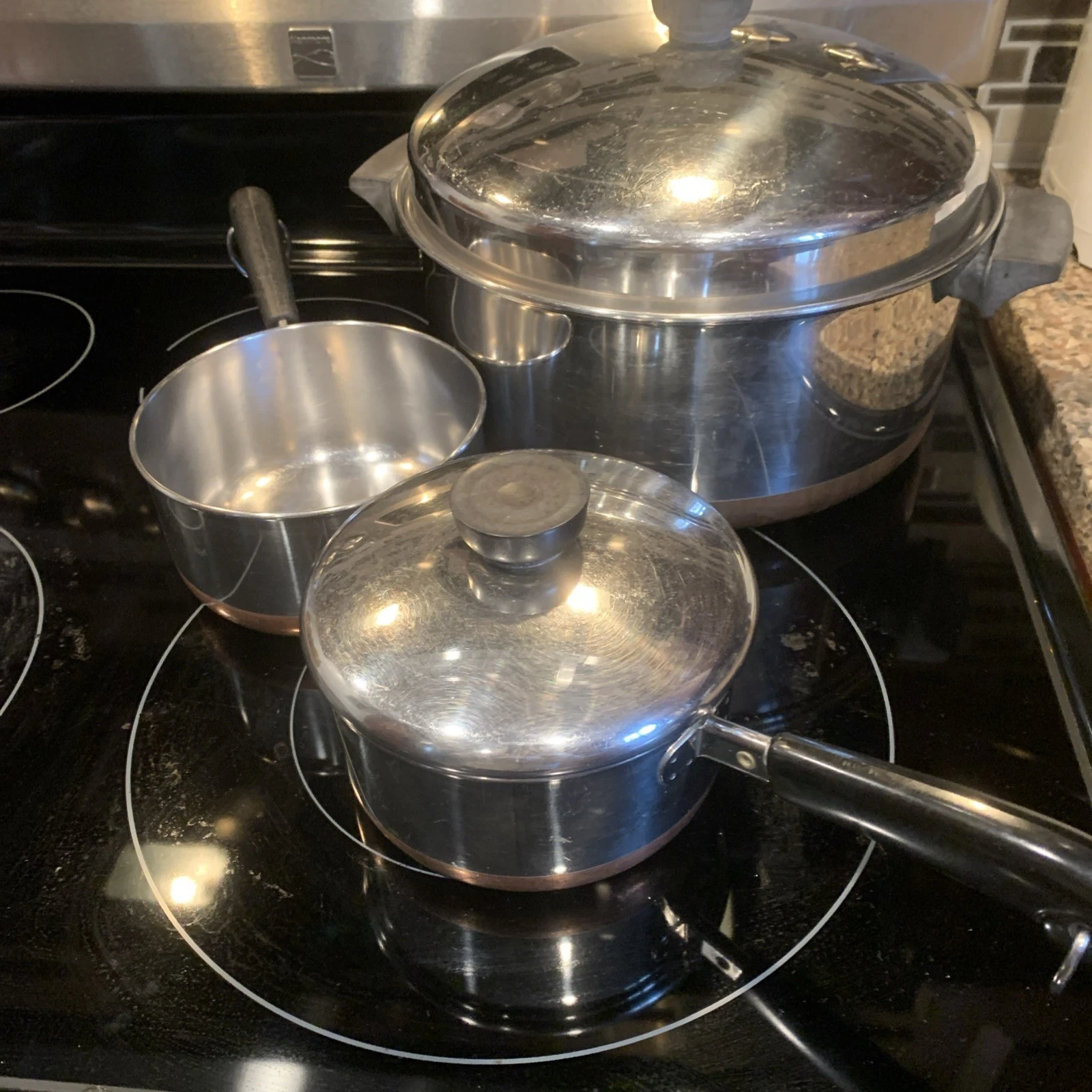 VTG Revere Ware 6 Qt Pot w/Lid 1 Qt Pan W/Lid 1.5 Qt Pan Copper Bottom