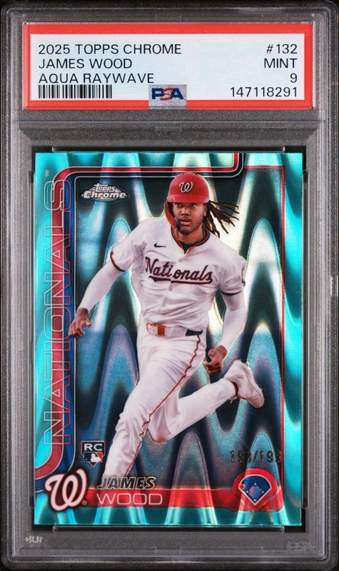 2025 Topps Chrome - James Wood #132 Aqua Raywave Refractor /199 (RC) PSA 9